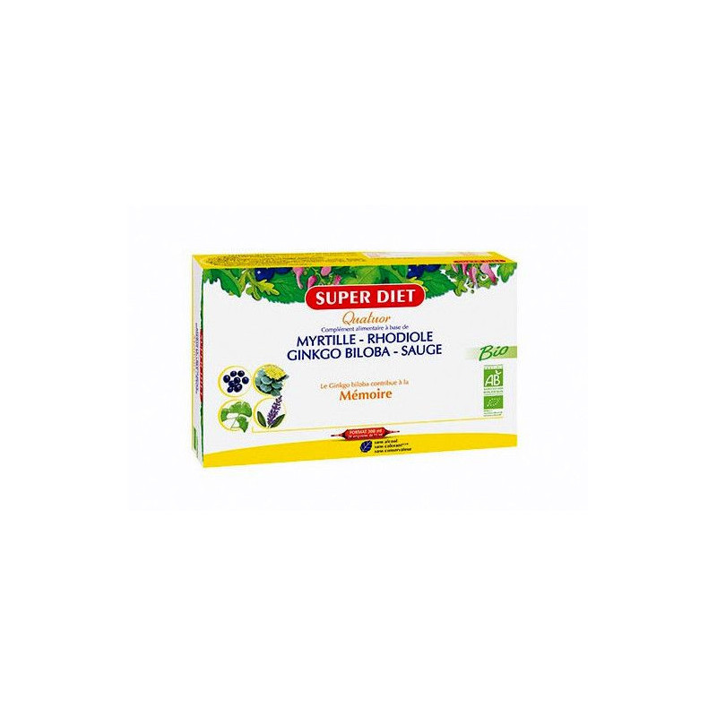 Quatuor Mémoire Bio 20 superdiet Bacopa rhodiola Ginkgo biloba sauge d'espagne 20 ampoules superdiet Quatuor Mémoire Bio 20 superdiet Bacopa rhodiola Ginkgo biloba sauge d'espagne 20 ampoules superdiet