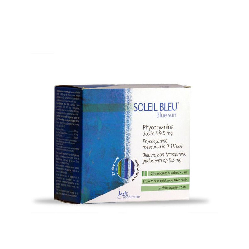 phycocyanine dosée à 9.5 mg de Jade Recherche Extrait de spiruline fraîche soleil bleu ampoules alg phycocyanine dosée à 9.5 mg de Jade Recherche Extrait de spiruline fraîche soleil bleu ampoules alg