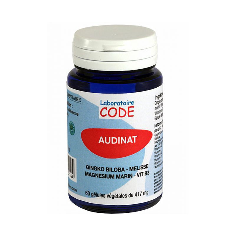 Audinat 60 gélules végétales Labo CODE Acouphènes audition Diminution acuité auditive Ginkgo surdité Audinat 60 gélules végétales Labo CODE Acouphènes audition Diminution acuité auditive Ginkgo surdité