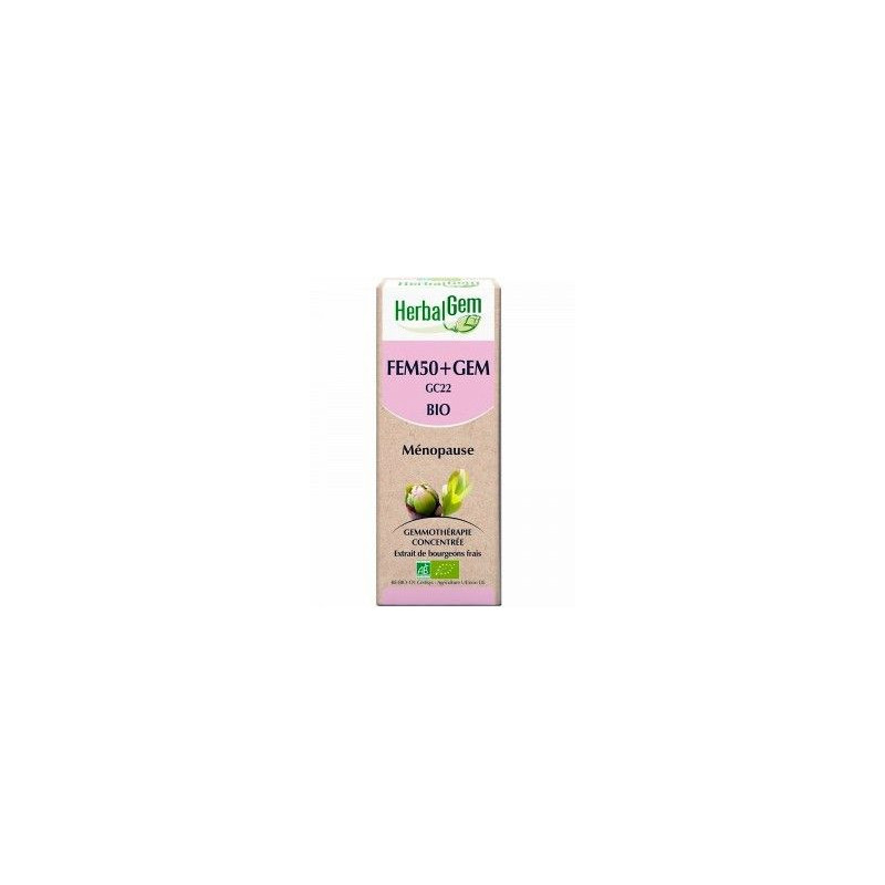 FEM50+GEM Bio Herbalgem Ménopause bourgeons airelle pommier ronce aubépine sauge carotte sueurs noct FEM50+GEM Bio Herbalgem Ménopause bourgeons airelle pommier ronce aubépine sauge carotte sueurs noct
