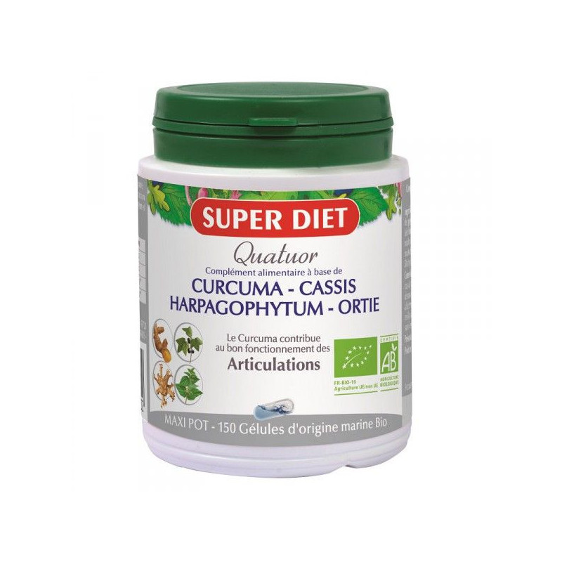 QUATUOR Articulations BIO 150 G Superdiet Curcuma Harpago Ortie Cassis Arthrose Rhumatismes genoux QUATUOR Articulations BIO 150 G Superdiet Curcuma Harpago Ortie Cassis Arthrose Rhumatismes genoux