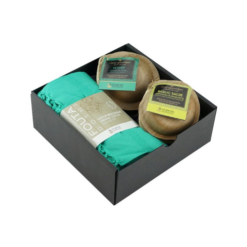 Coffret Karawan Senteur du Kerala Savon ayurvedique Dhoti Fouta vetiver basilic cadeau noel indien Coffret Karawan Senteur du Kerala Savon ayurvedique Dhoti Fouta vetiver basilic cadeau noel indien