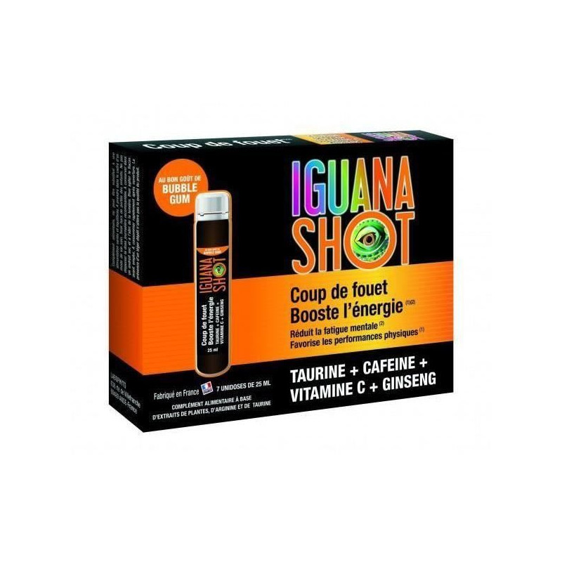 Iguana Shot Booste l'énergie Coup de fouet assuré. 7 unidoses Riche en caféine. Maca Ginseng Guarana Iguana Shot Booste l'énergie Coup de fouet assuré. 7 unidoses Riche en caféine. Maca Ginseng Guarana
